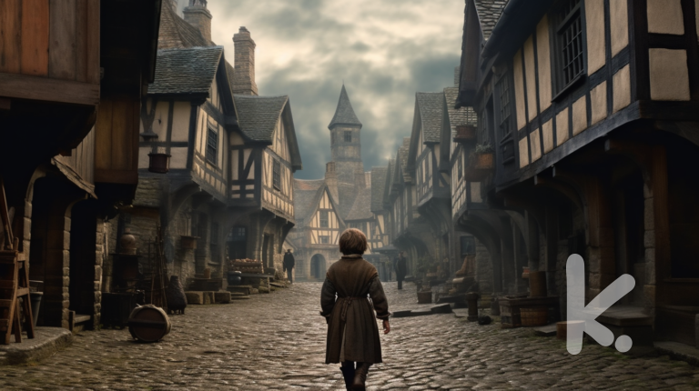 Middle Ages Writing Prompt: A captivating image of a young child walking alone on an empty cobblestone street, reflecting a typical day in a British town during the Middle Ages. The backdrop is filled with quaint, medieval architecture, enhancing the sense of stepping back in time. The image beautifully encapsulates the solitary exploration and the historical charm of the period.