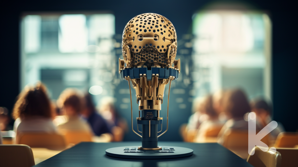 Golden Microphone Writing Prompt: sitting on a student desk in a typical elementary classroom. natural light. students in the background.