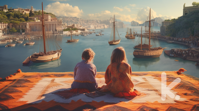 Magic Carpet Choose Your Own Adventure Writing: two children flying over an ancient port on a carpet.