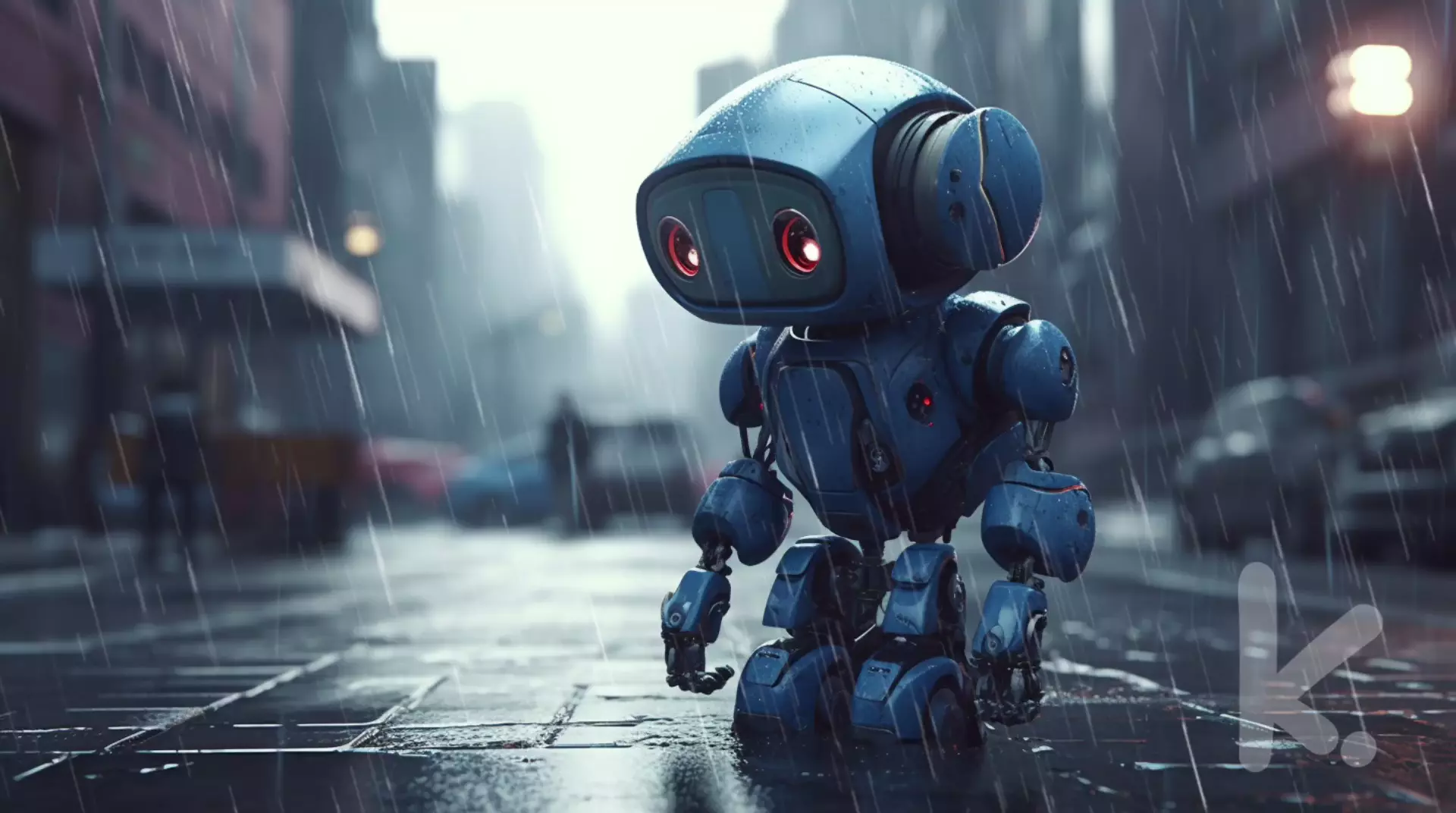Sad Robot Writing Prompt: A heartbroken and forlorn robot with expressive features stands on a city street.