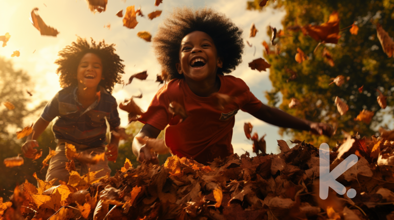two kids jumping into a massive pile of leaves. joyful, fun, excitement, play. high definition, detailed faces. the essence of childhood.