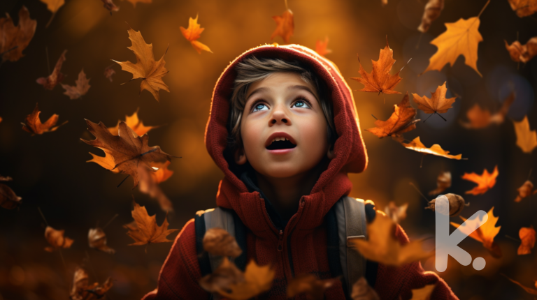 A Fall Adventure Recount: a child looking with wonder at a out of focus fall scene. crisp air, falling leaves. bokeh effect.