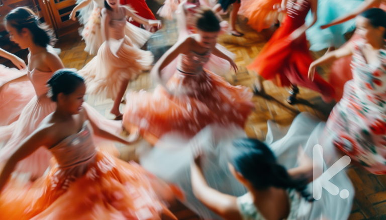 Community Dance Celebration Writing Prompt: A group of dancers in colorful dresses swirling in a lively dance at a celebration.