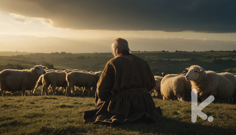 Lost Sheep Picture Prompt: A shepherd seated with his flock of sheep on a hillside at dusk, overlooking a serene landscape.