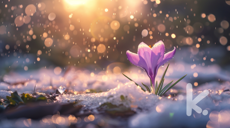 Promise Of Spring Picture Prompt: A single purple crocus emerging from melting snow, with sunrays filtering through water droplets.