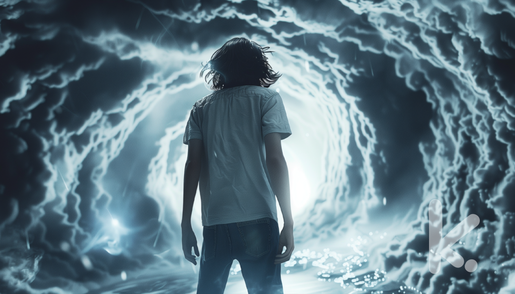 Hidden World Writing Prompt: a back view of a teen standing with clouds swirling around him creating a tunnel with white light.
