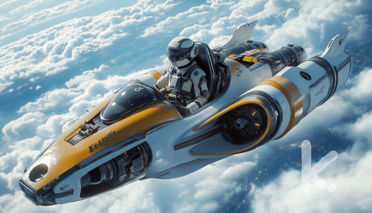 Floating Cities Exploration Writing Prompt: A futuristic flying vehicle soaring high above the clouds, piloted by a figure in an advanced flight suit.