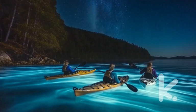 Glowing Water Kayaking Picture Prompt: Kayakers on glowing water at night with a star-filled sky in the background.