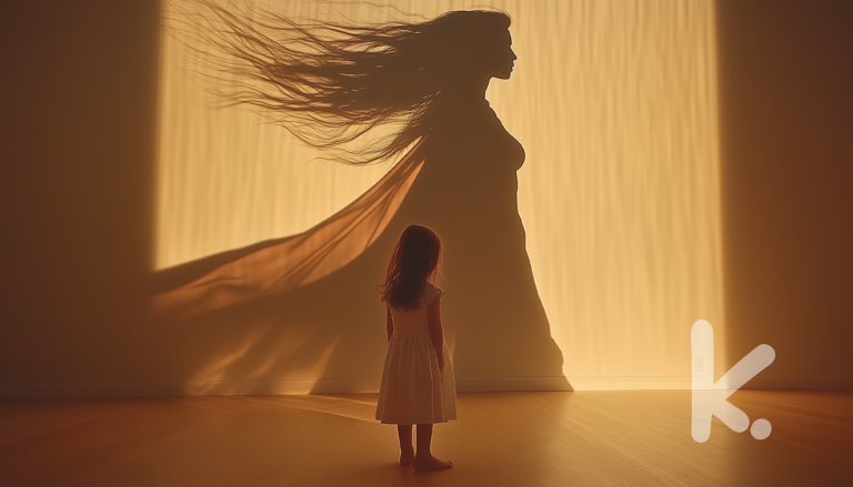 Hopes And Dreams Picture Prompt: A young girl stands in warm, glowing light, casting a strong shadow on the wall, symbolizing hope and a bright future.