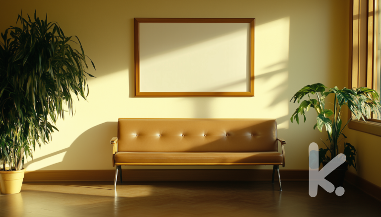 Children's Waiting Room Art Picture Prompt: A cozy waiting room with a brown couch, potted plants, and an empty frame on a sunny yellow wall.