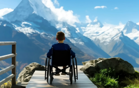 Horizons Choose Your Own Adventure: boy in wheelchair on deck looking at spectacular snow capped mountains.