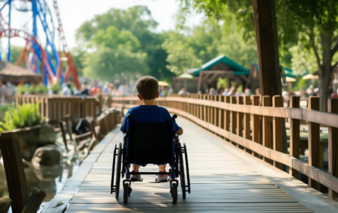 Horizons Choose Your own Adventure: boy in wheelchair moving towards a rollercoaster at a theme park
