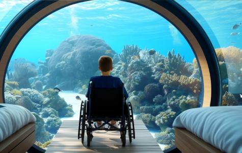 Horizons Choose Your own Adventure: boy in wheelchair in an underwater pod looking out at the ocean around him