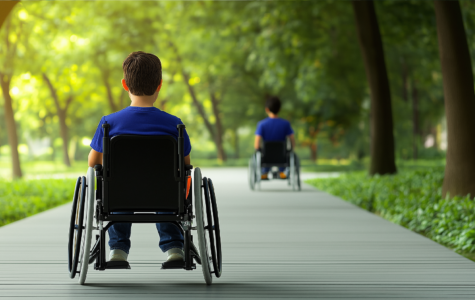 Horizons Choose Your own Adventure: boy in wheelchair rolling along a boardwalk at a suburban park towards his friend in the distance