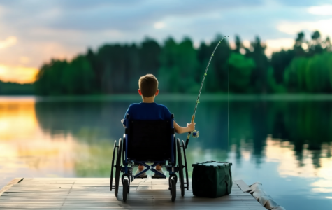 Horizons Choose Your own Adventure: boy in wheelchair on a dock on a lake with a fishing rod in his hand