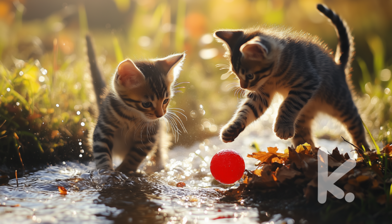 Kittens Exploring Writing Prompt: Two playful kittens splashing in a small stream with a bright red ball on a sunny autumn day.