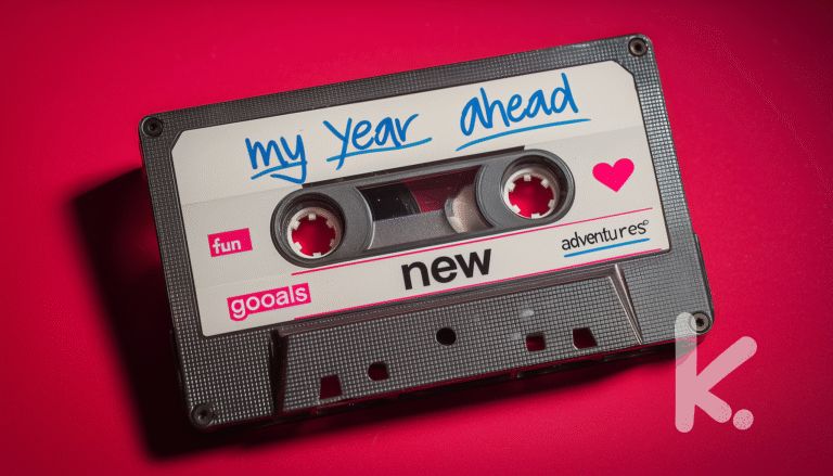 Create A Mixtape For The Year Ahead Picture Prompt: A mixtape cassette with a handwritten label titled 'my year ahead' surrounded by words like 'fun', 'goals', and 'adventures'.