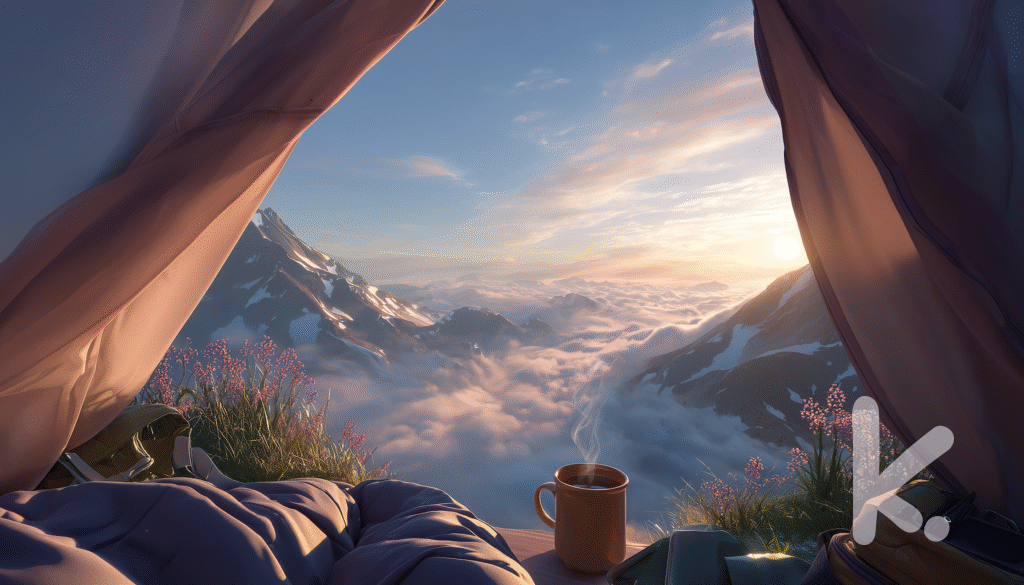 Water Cycle Informative Writing Prompt: View from a tent on a mountain showing clouds over the valley at sunrise.