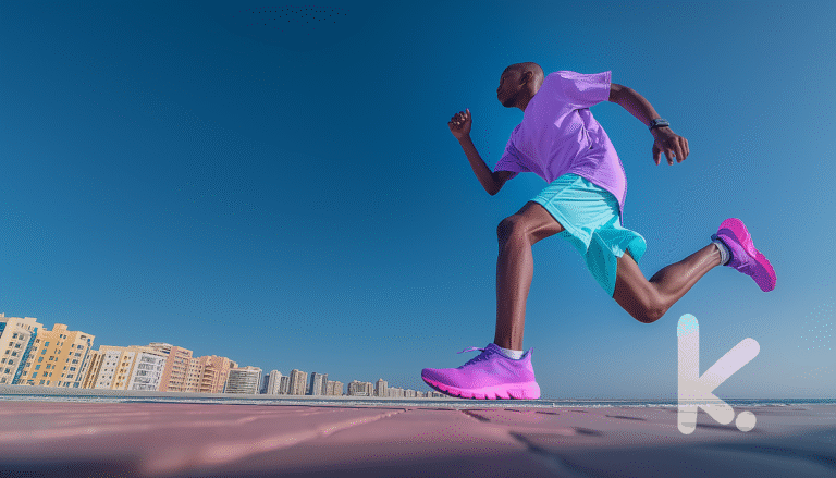 Feeling Of Running Fast Writing Prompt: Person running on a seaside road with colorful buildings in the background, wearing vibrant athletic attire.