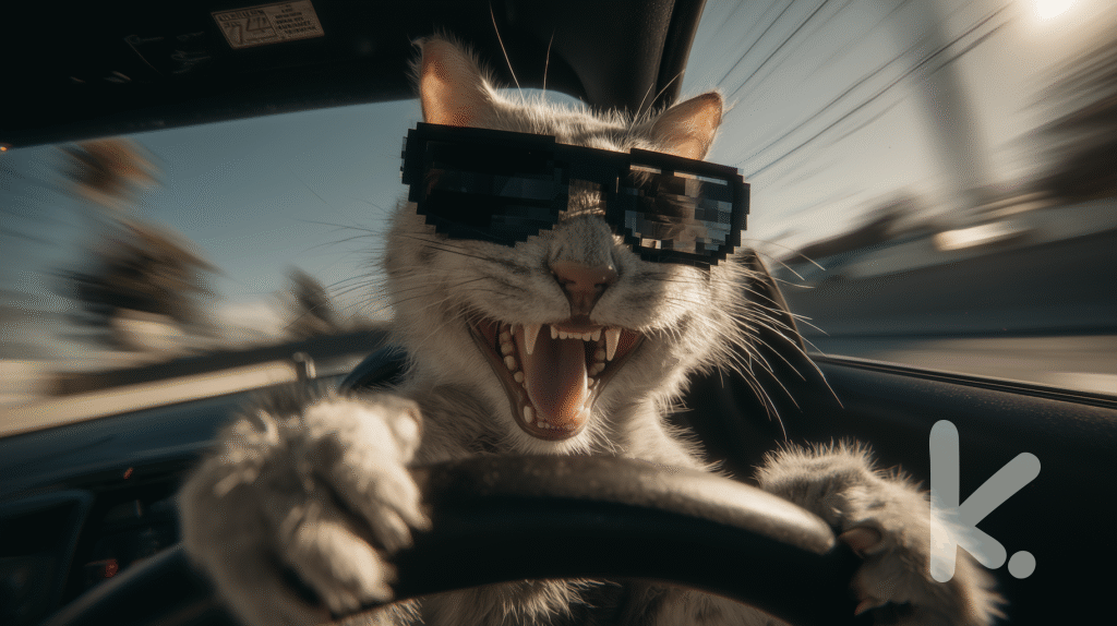Cat Creative Writing Prompt: a cat driving a car with black sunglasses and a cheeky grin.
