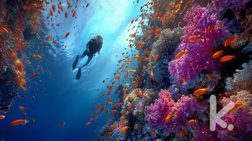 Underwater Scene Description Writing Prompt: A diver swims beside vibrant coral reefs with colorful fish around them in a sunlit underwater scene.