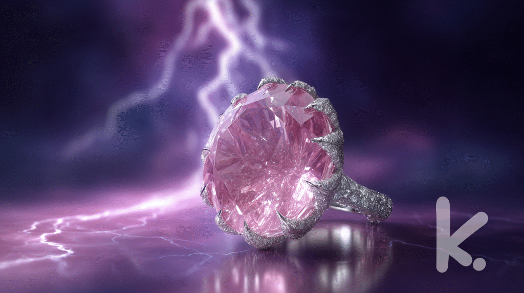 Mysterious Ring Discovery Picture Prompt: A large pink gemstone ring with a lightning-filled background, suggesting power and mystery.